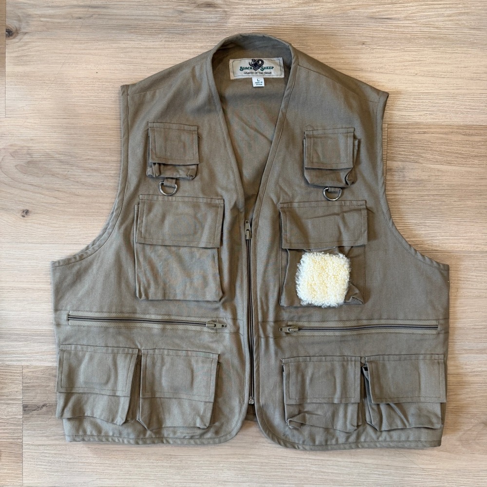 Black Sheep Front Zip Tan Utility Multi Pocket Fishing Vest, Size Large